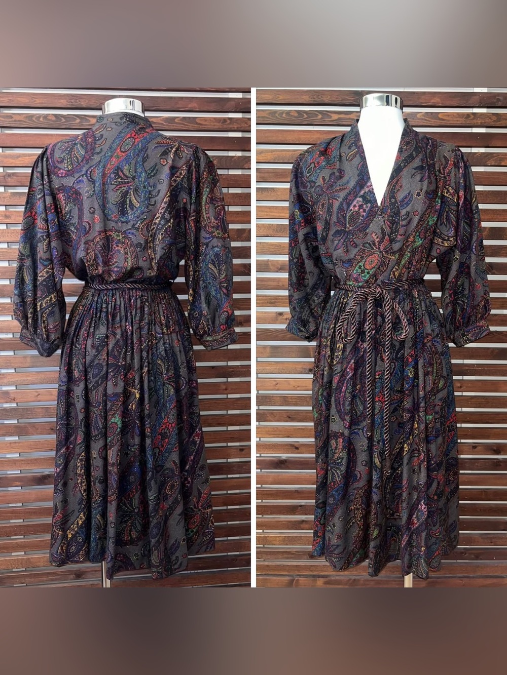 1970s 70s Vintage Brown Green Red Yellow Pink Paisley Midi Rope Tie Waist Dress